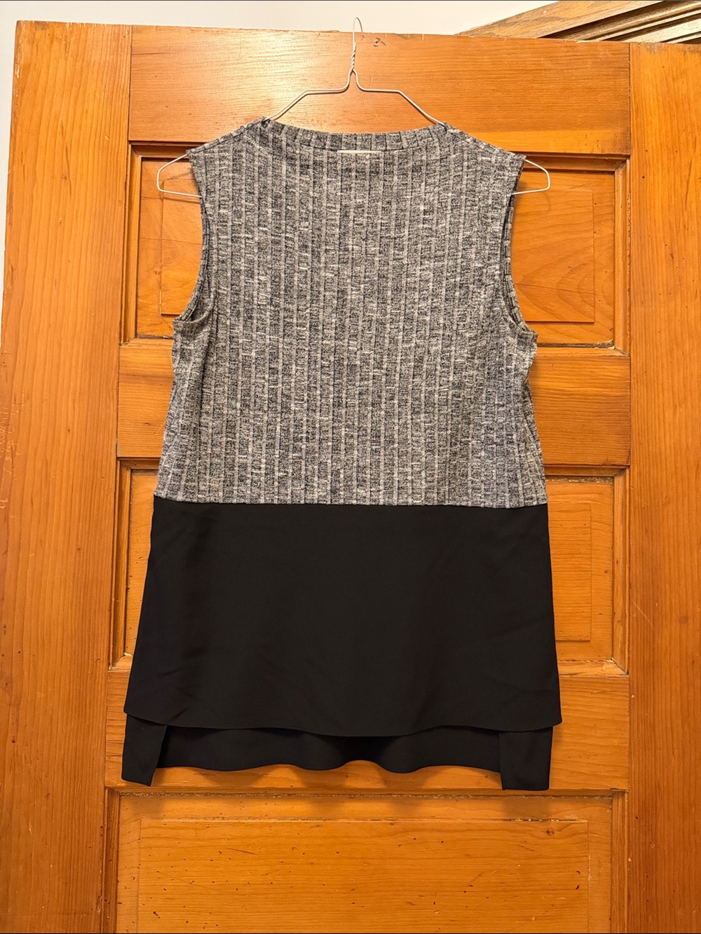 1. State Gray Ribbed Knit Sleeveless Top with Black Layered Hem